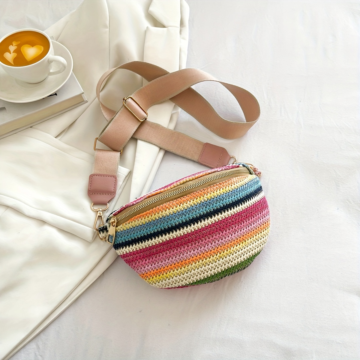 Rainbow Stripes Woven Waist Bag, Lgbt Straw Crossbody Bag, Boho Style Chest  Purse For Travel Beach - Temu