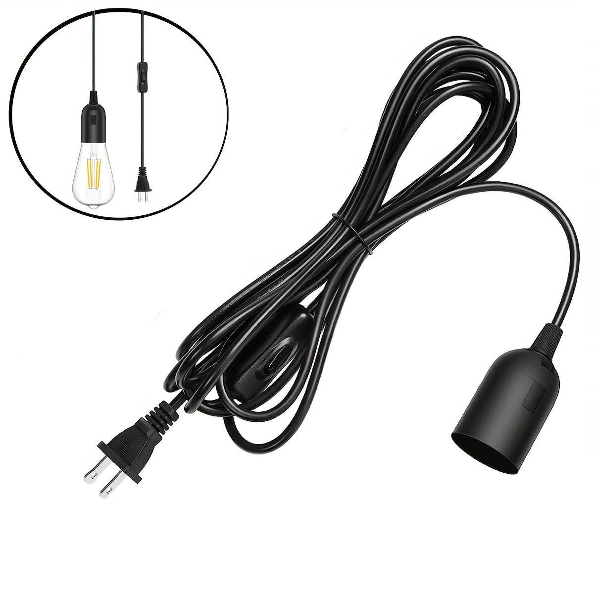 Casquillo E27 con cable de PVC, interruptor y enchufe - Negro