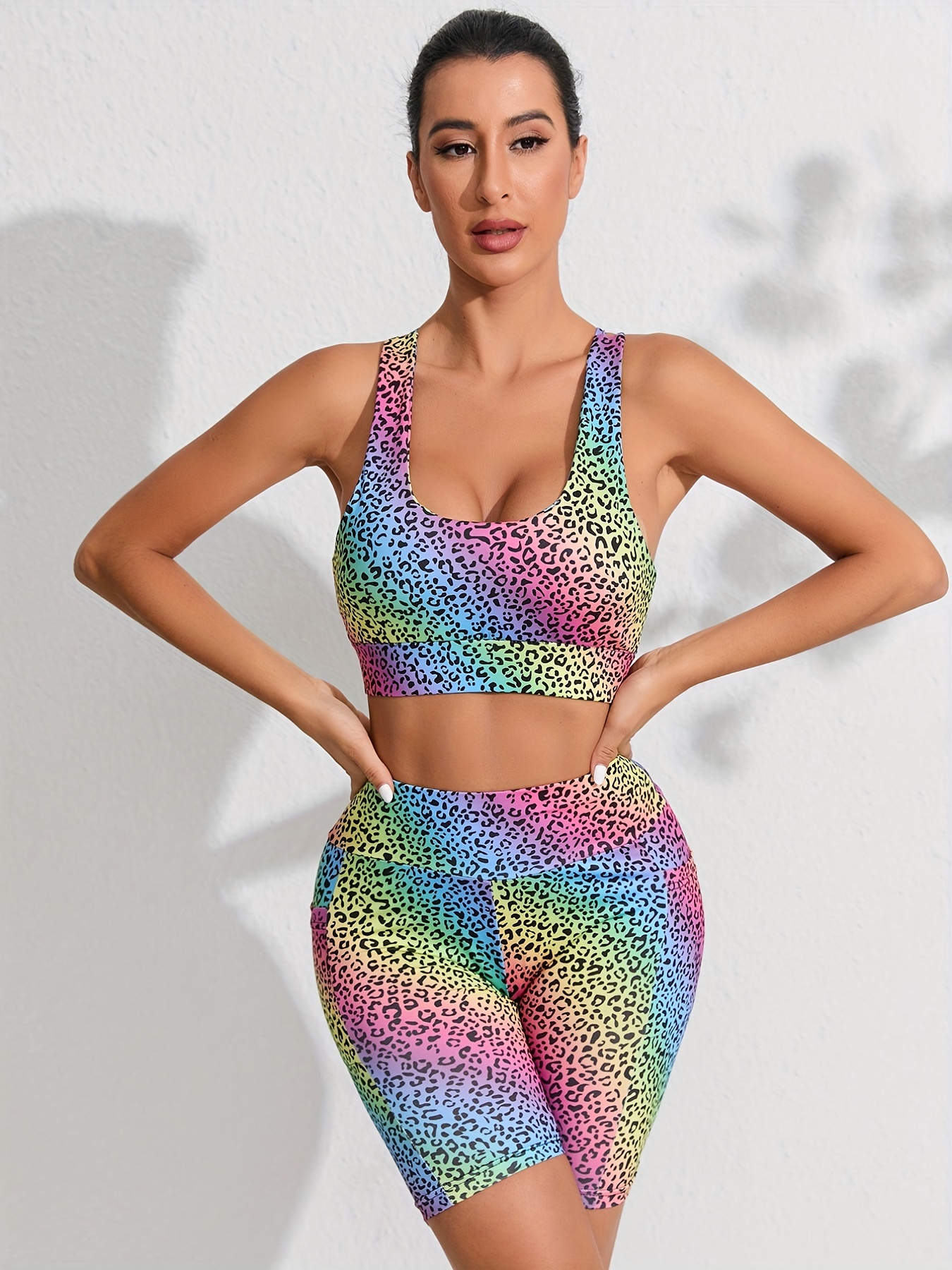 Leopard Print Workout Sets Cami Sports Bra High Waist Butt - Temu
