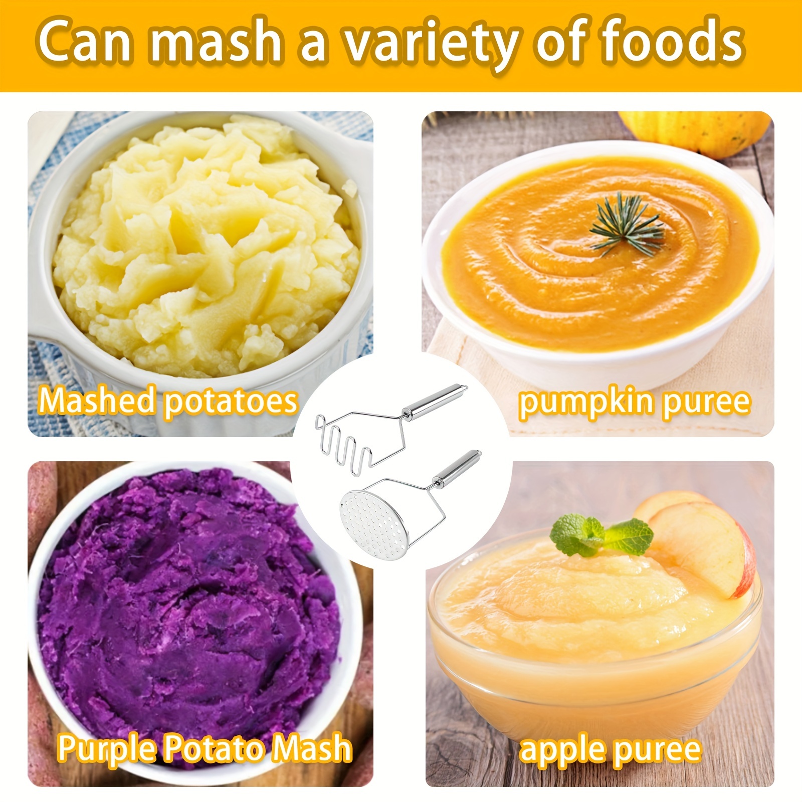 Potato Masher Stainless Steel Potato Masher Bean Smasher Tool Food Masher  Kitchen Tools New Products in 2023 (Yellow)