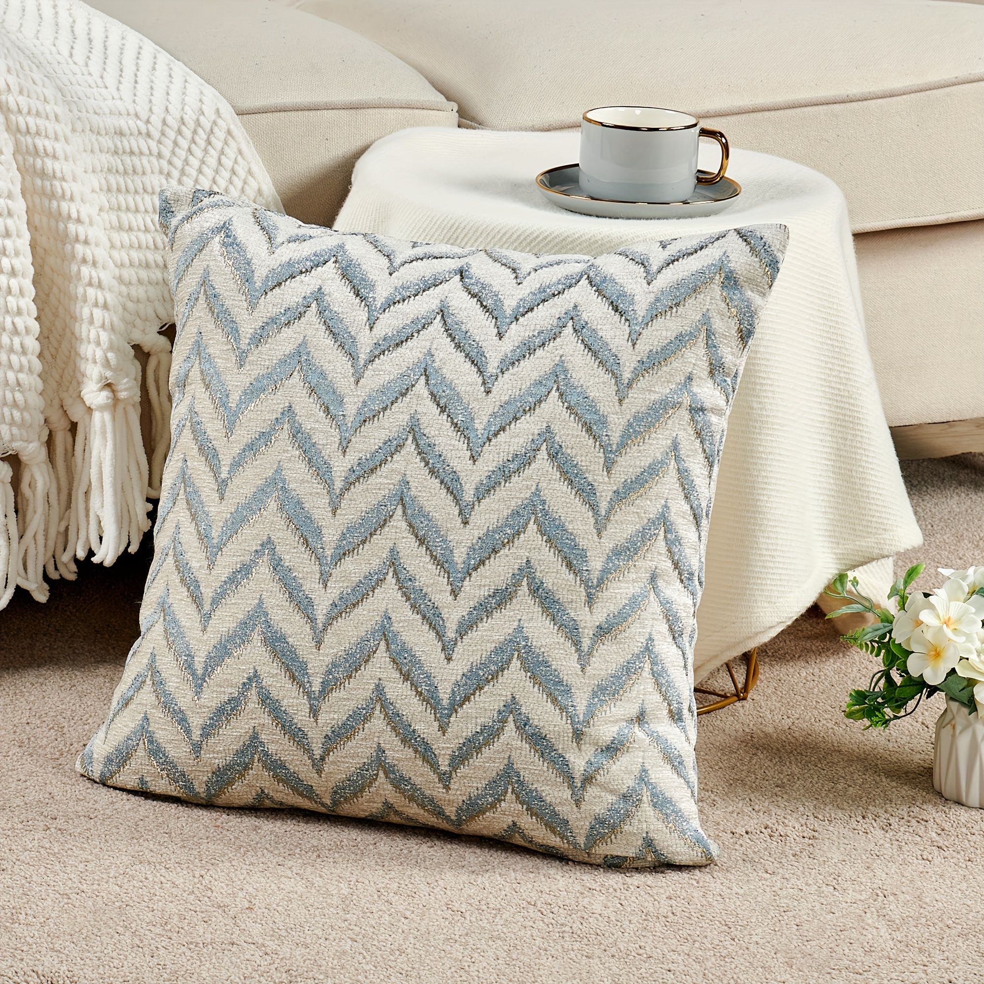 1pc Jacquard Chevron Pattern Chenille Soft Decorative Throw Pillow Cover with Lurex (NO INSERT), Stylish Cushion Cover for Sofa Couch Chair Living Room Bedroom Decor