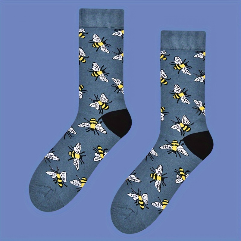 

1 Pair Of Men's Trendy Cartoon Bee Pattern Crew Socks, Breathable Cotton Blend Comfy Casual Unisex Socks For Men's Outdoor Wearing All Seasons Wearing