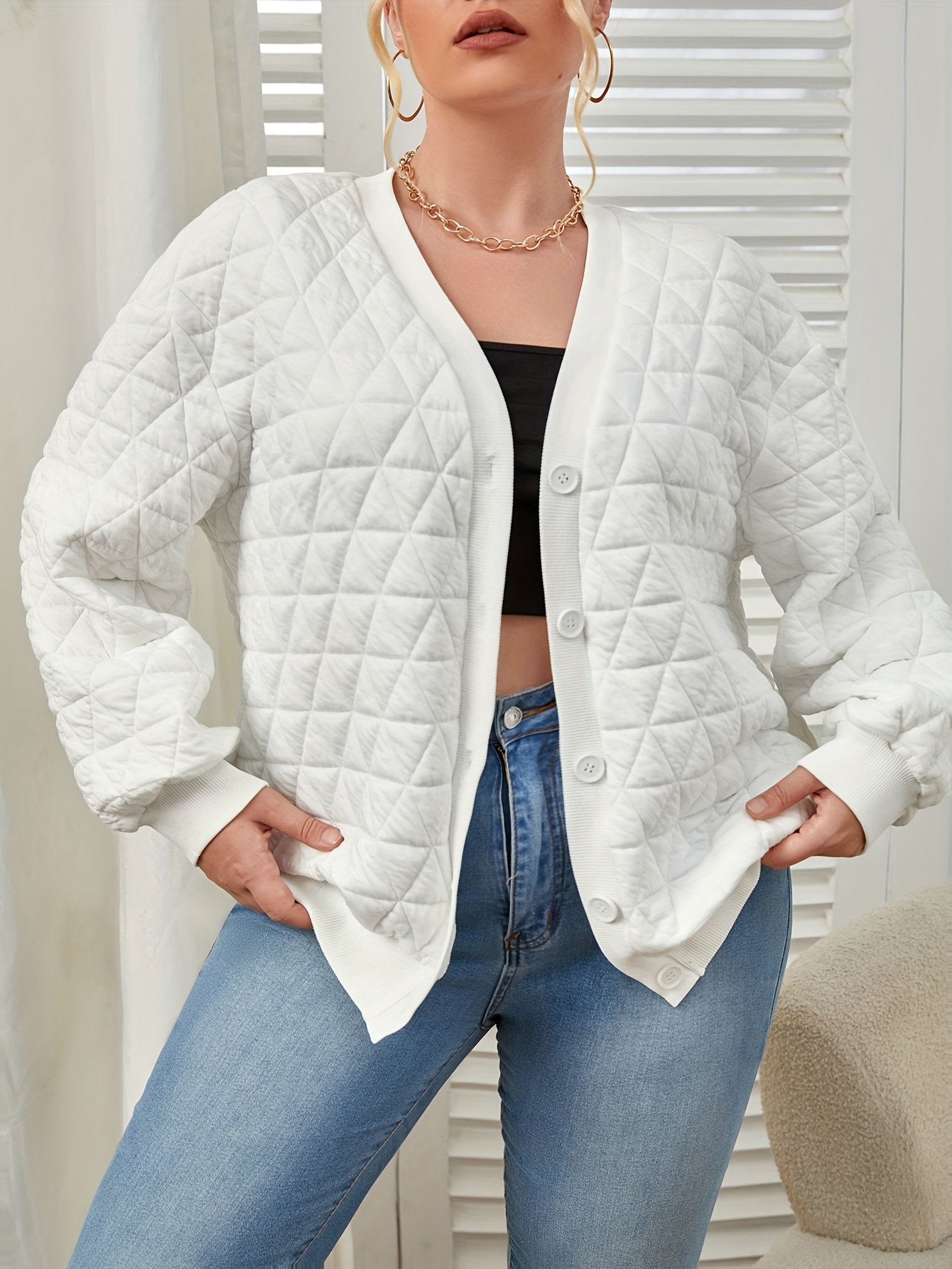Plus Size Casual Jacket Women's Plus Solid Button Decor Long - Temu