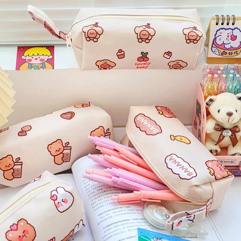 Cartoon Cute Bear Pencil Pouch Canvas Pen Bag Standing Stationery Case  Holder Box for Student