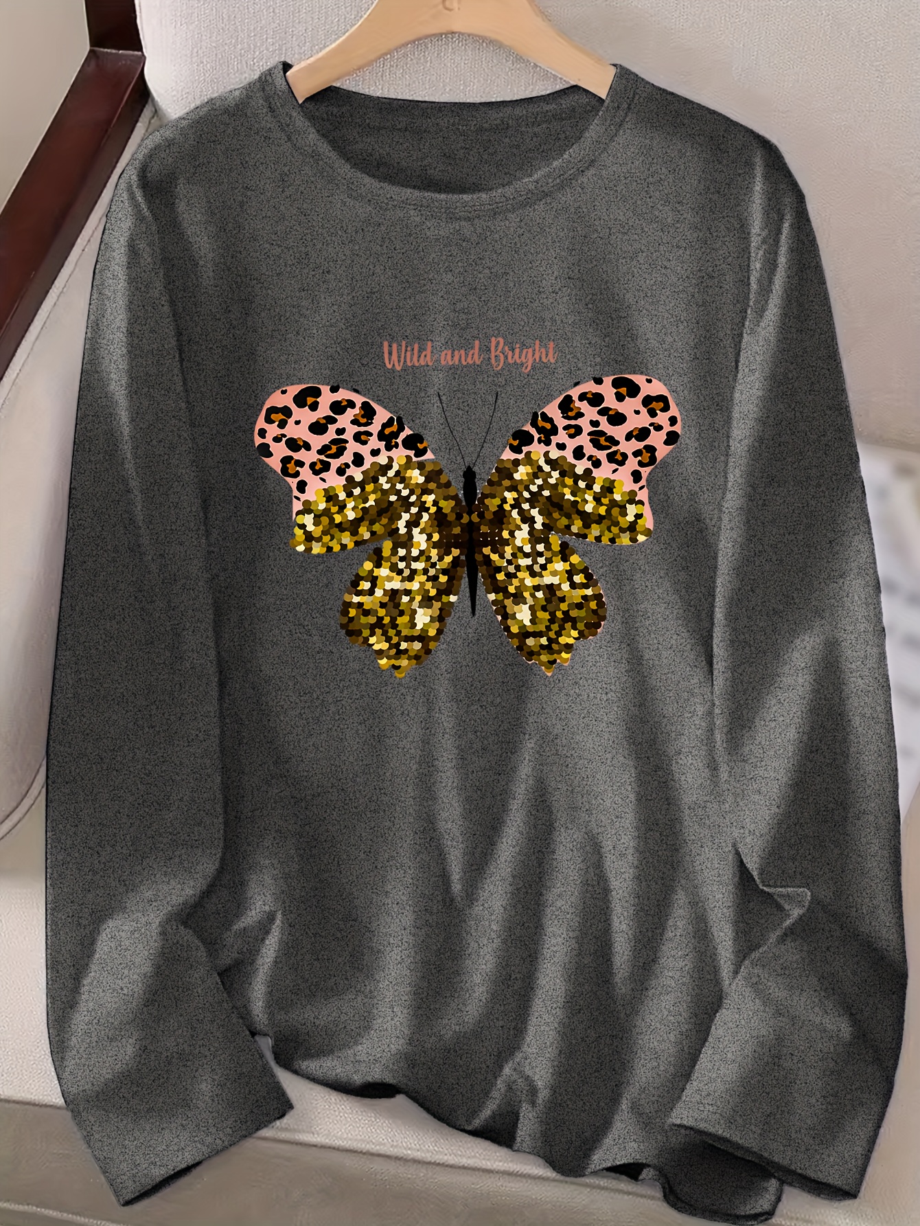 Leopard Butterfly Print Crew Neck T shirt Casual Long Sleeve