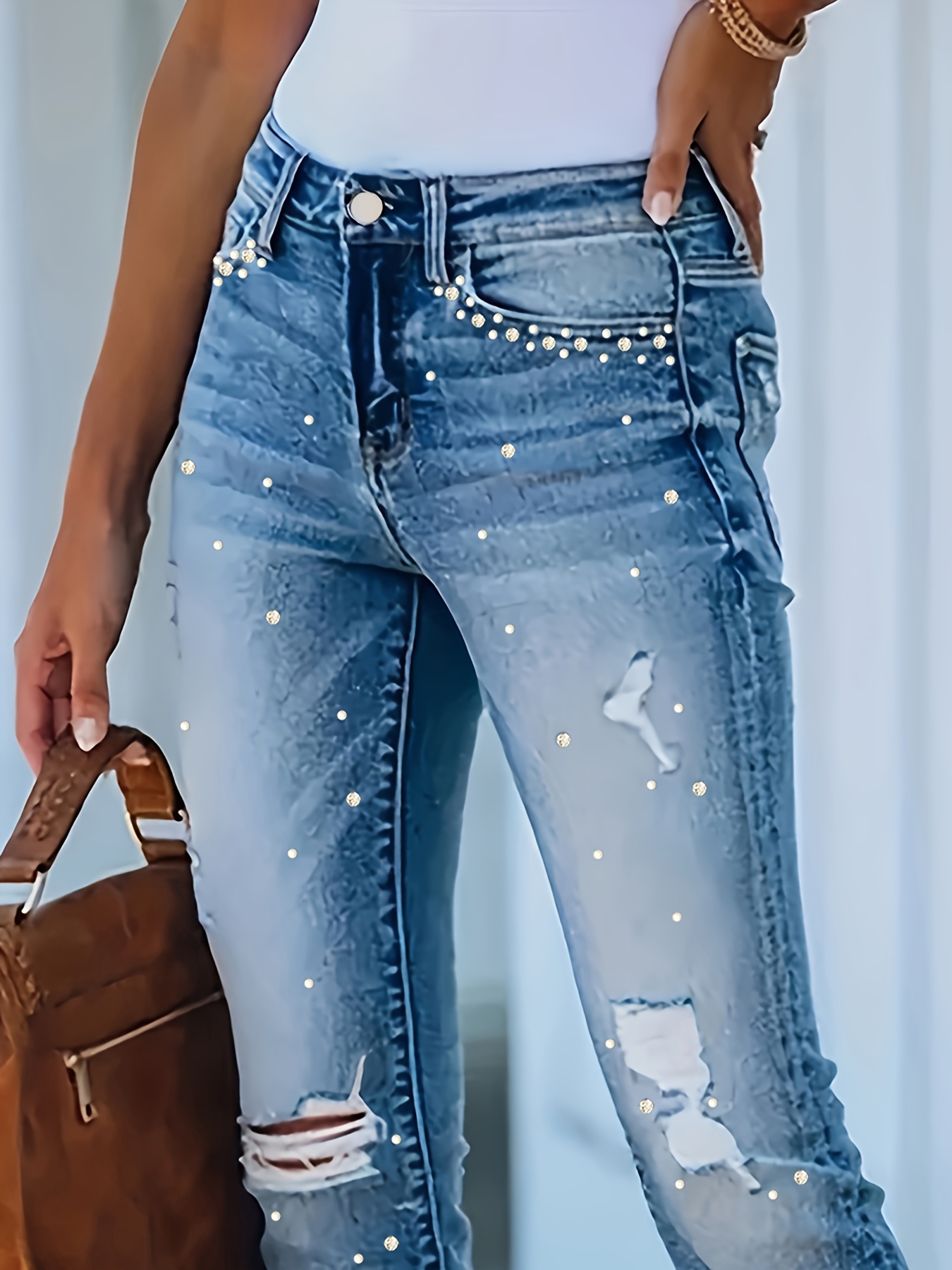 Women Ripped Jeans Pearl Decor Solid Side Slit Hem Trousers Hole