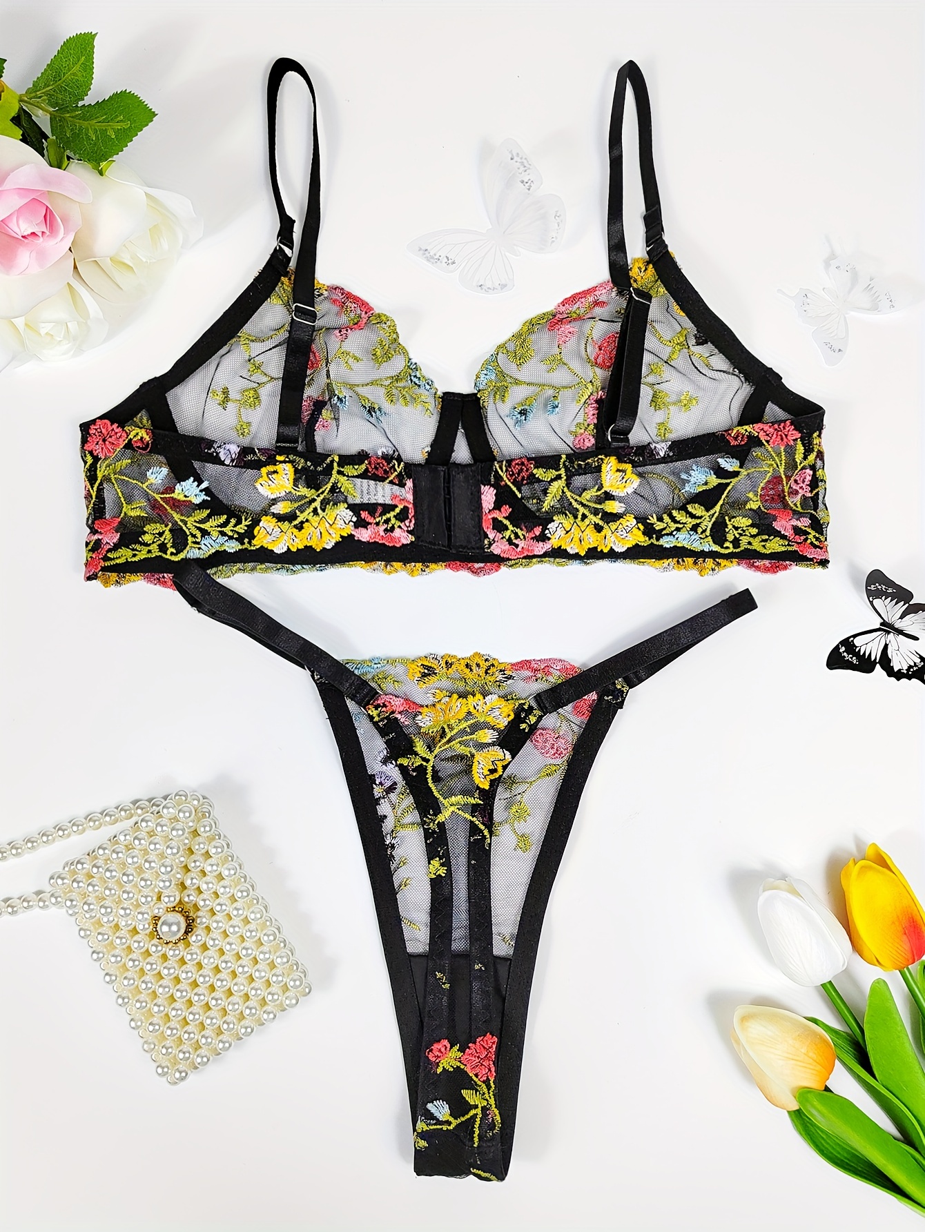 Sexy Floral Embroidery Lingerie Set Sheer Mesh Push Bra - Temu Canada