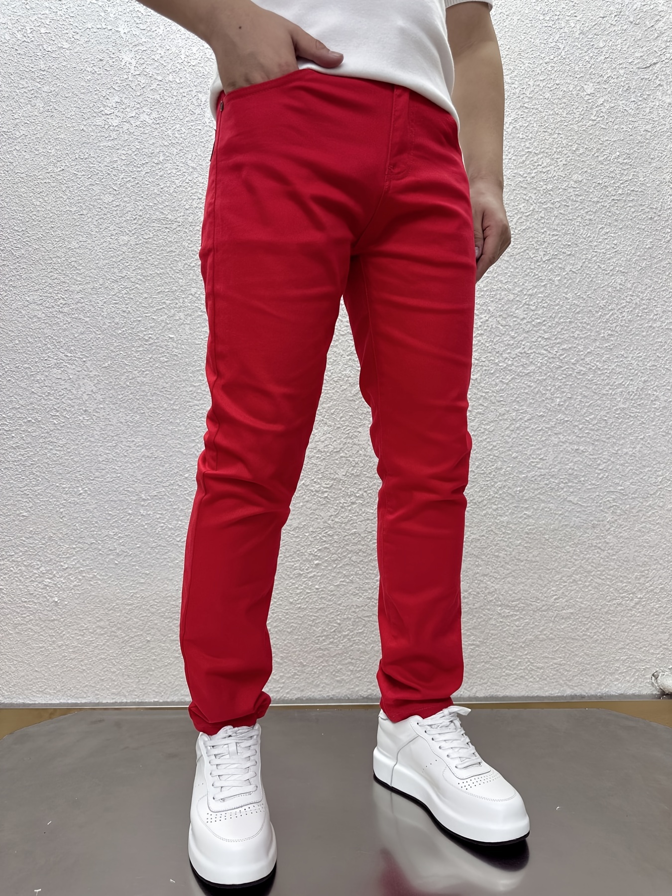 Men's Red Jeans Classic Style Straight Elasticity Cotton Denim Pants  Trousers Red