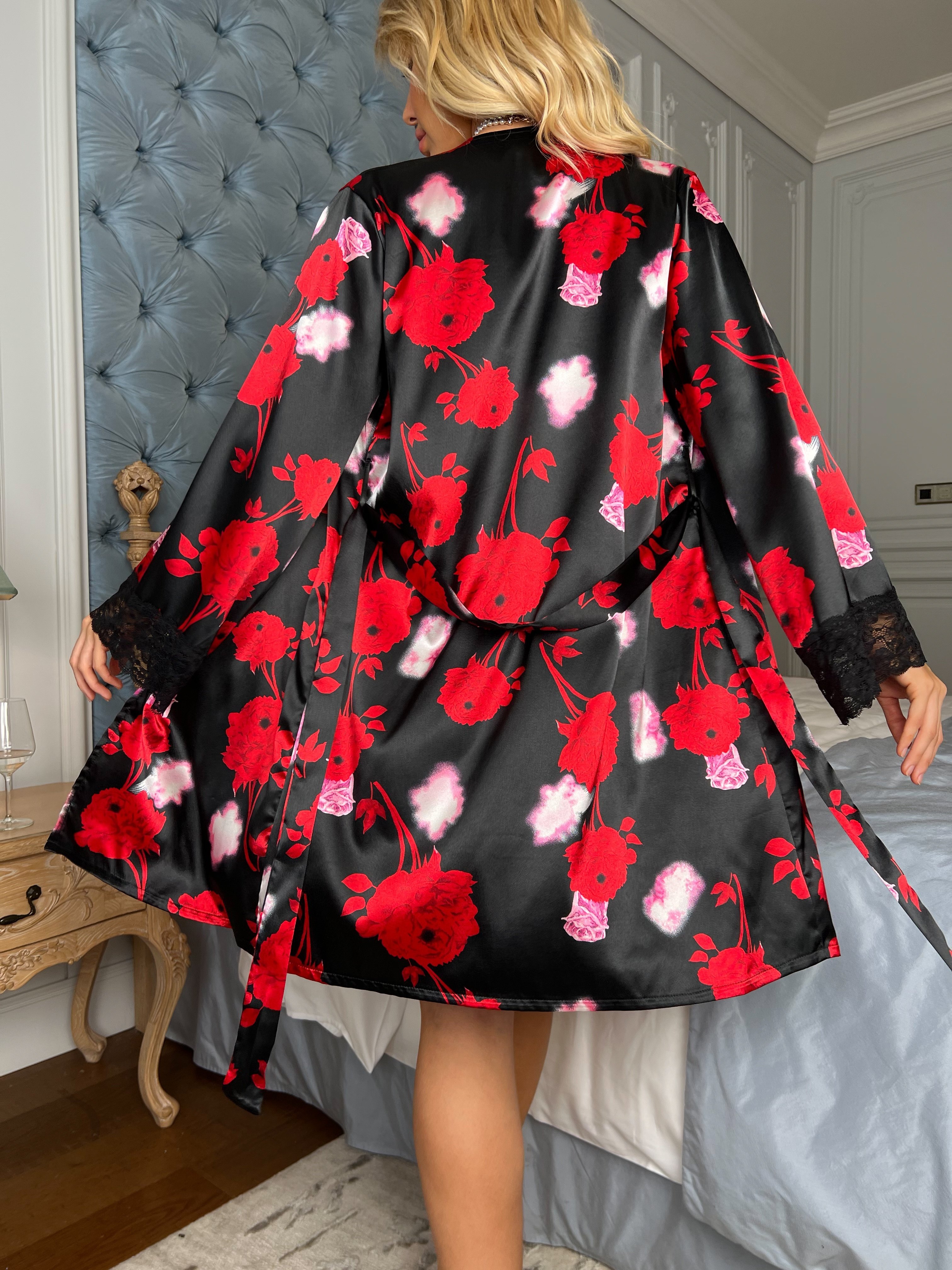 Floral Print Pajama Set Lace Cami Top Long Sleeve Robe Belt - Temu