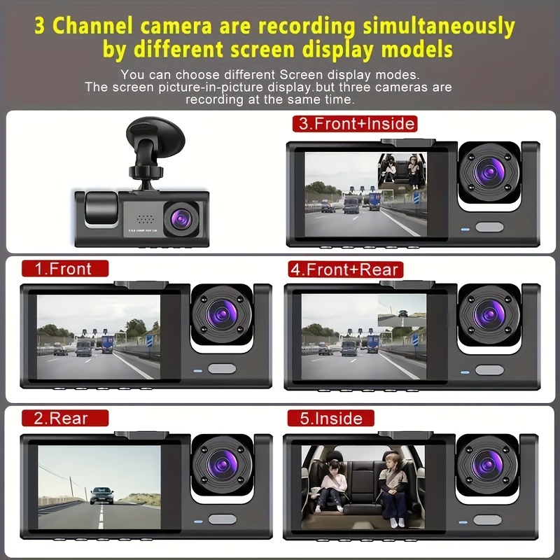 Caméra de tableau de bord à 3 canaux avant et arrière à l'intérieur, caméra  de tableau de bord 1080p pour voitures, caméra de voiture triple à trois  voies dashcam avec vision nocturne