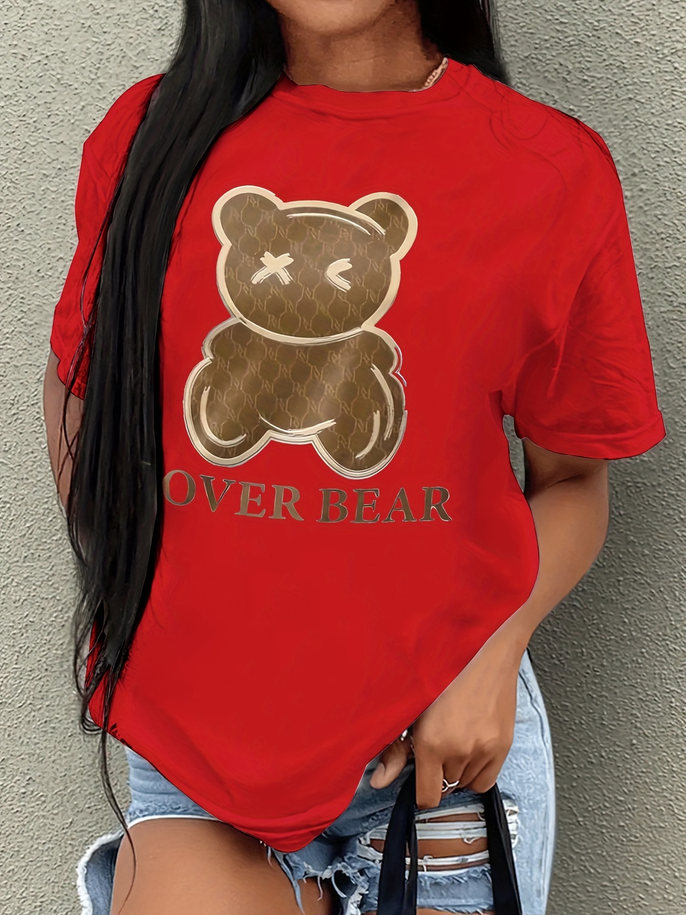 lover bear print t shirt short sleeve crew neck casual top