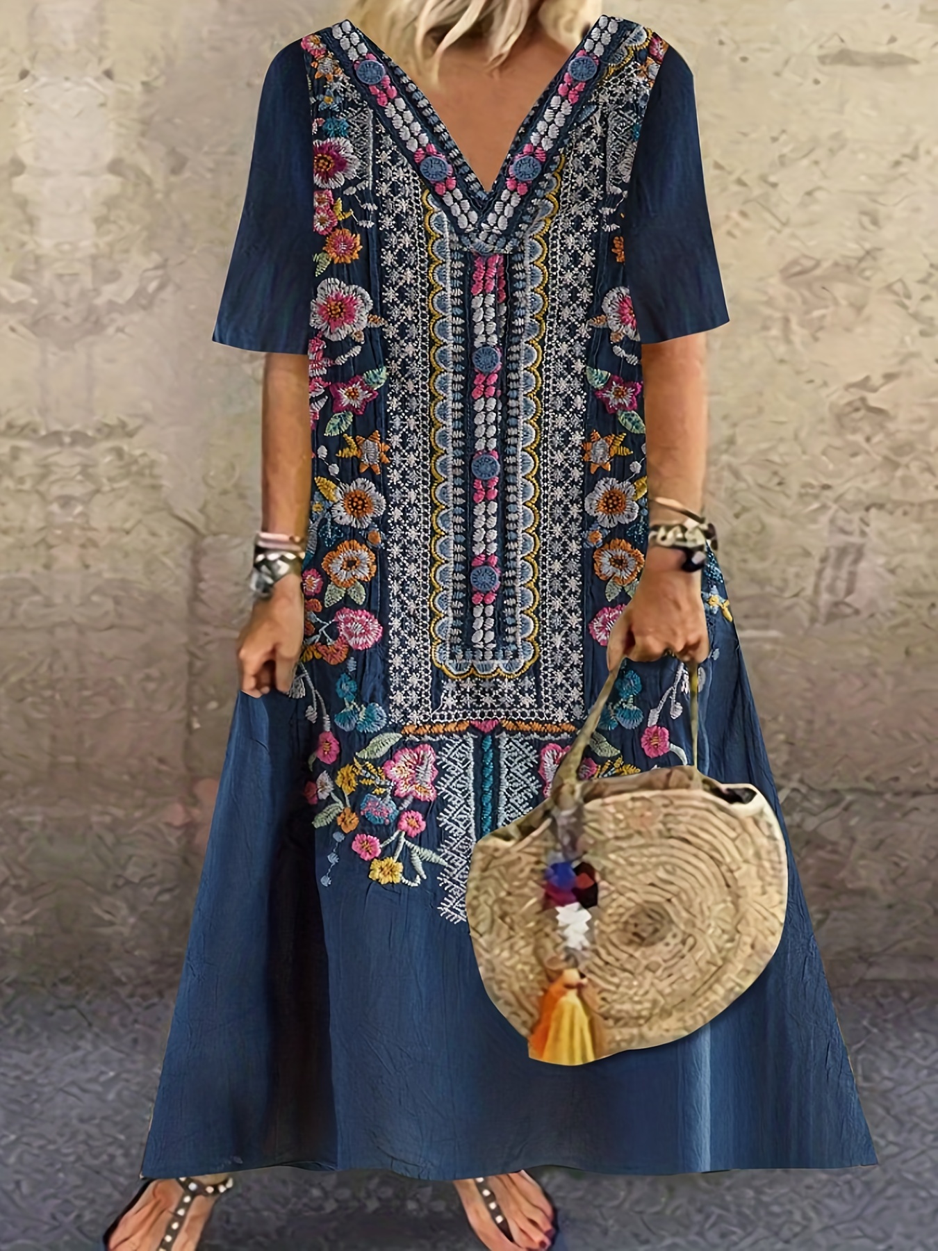 Boho Dress Women's Plus Floral Print V Neck Maxi Dress