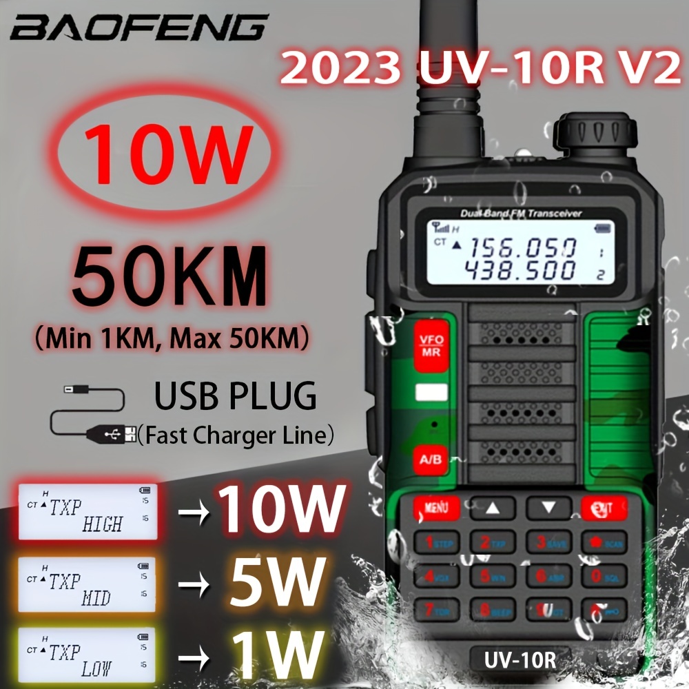 2023 Baofeng 10w High Powerful Power Model Professional Portable Walkie  Talkie Uv 10r V2 128 Channels Larger Capacity Battery Transceiver Dual Band Two  Way Cb Ham Radio Transceiver Long Range