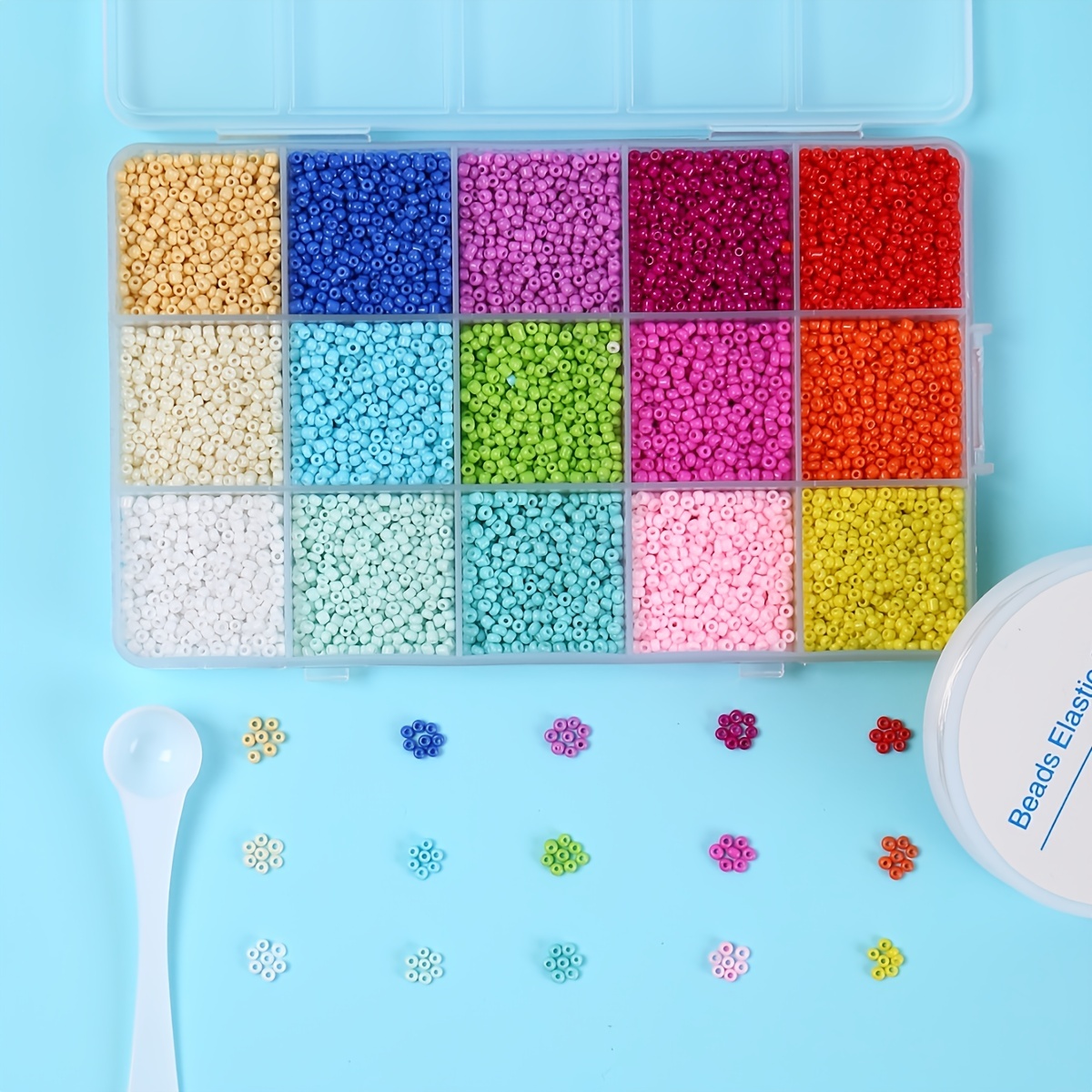 15 Colours of 2mm Seed Beads in a Plastic Sectioned Box 