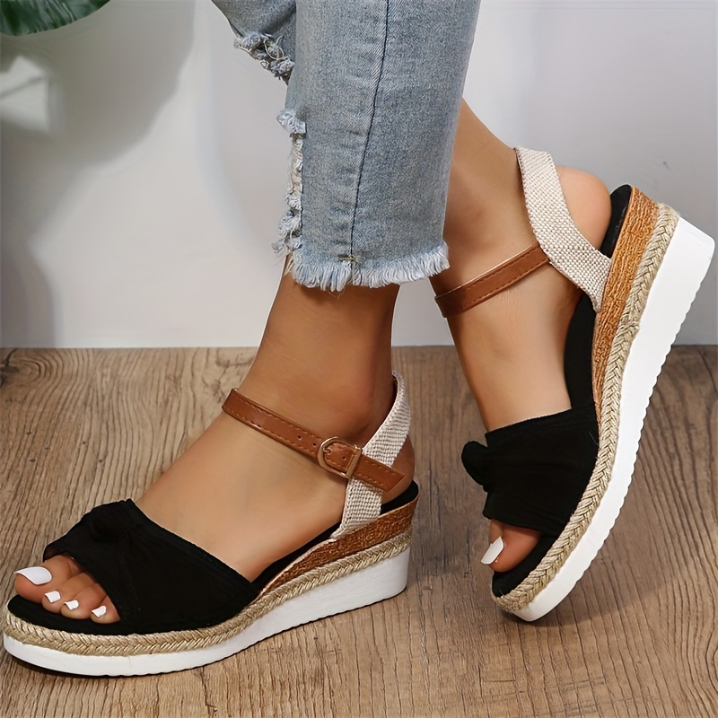 women s bow wedge sandals open toe ankle buckle strap shoes details 1