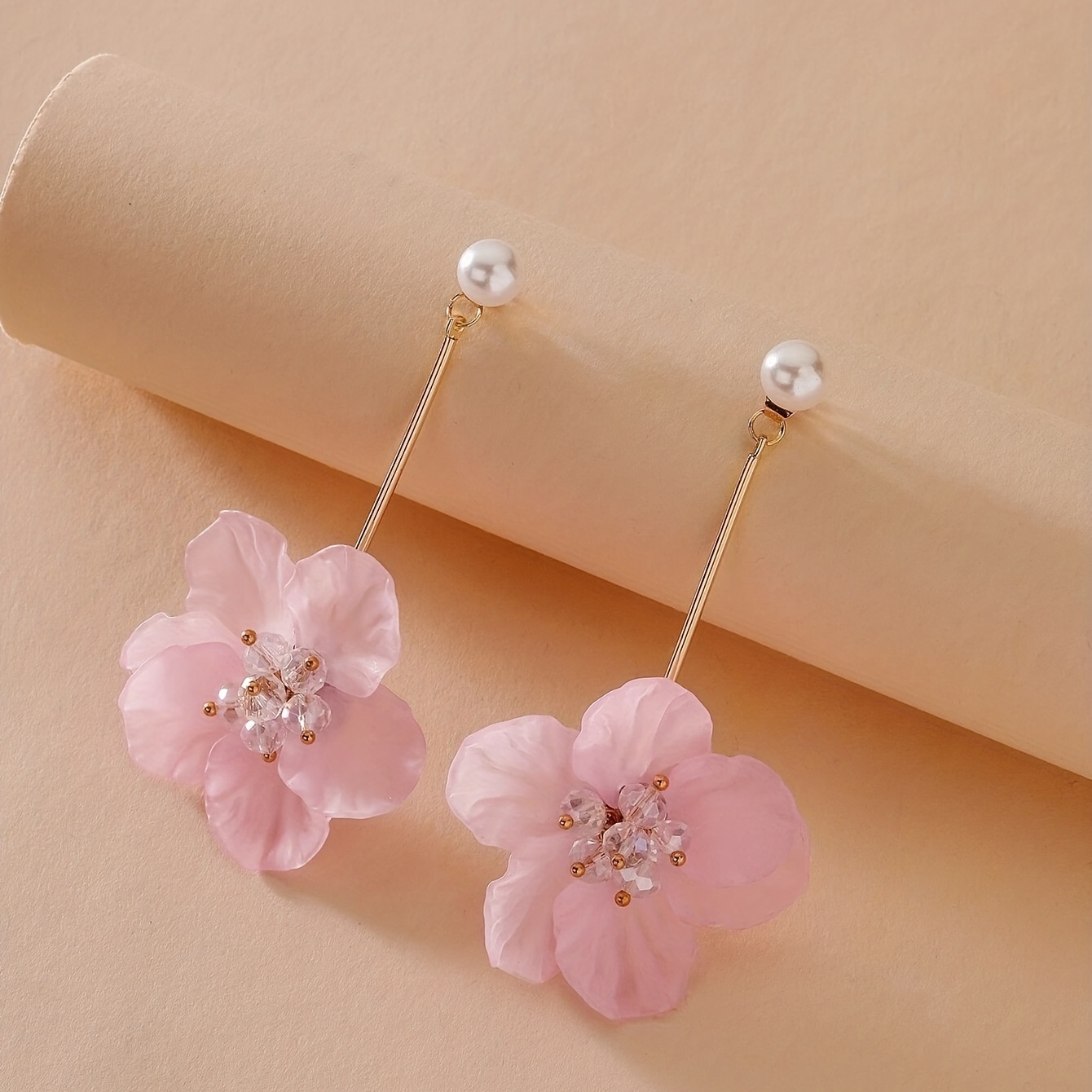 

Pink/ White Exquisite Fabric Flower Design Dangle Earrings Retro Vacation Style Alloy Jewelry Holiday Ear Jewelry