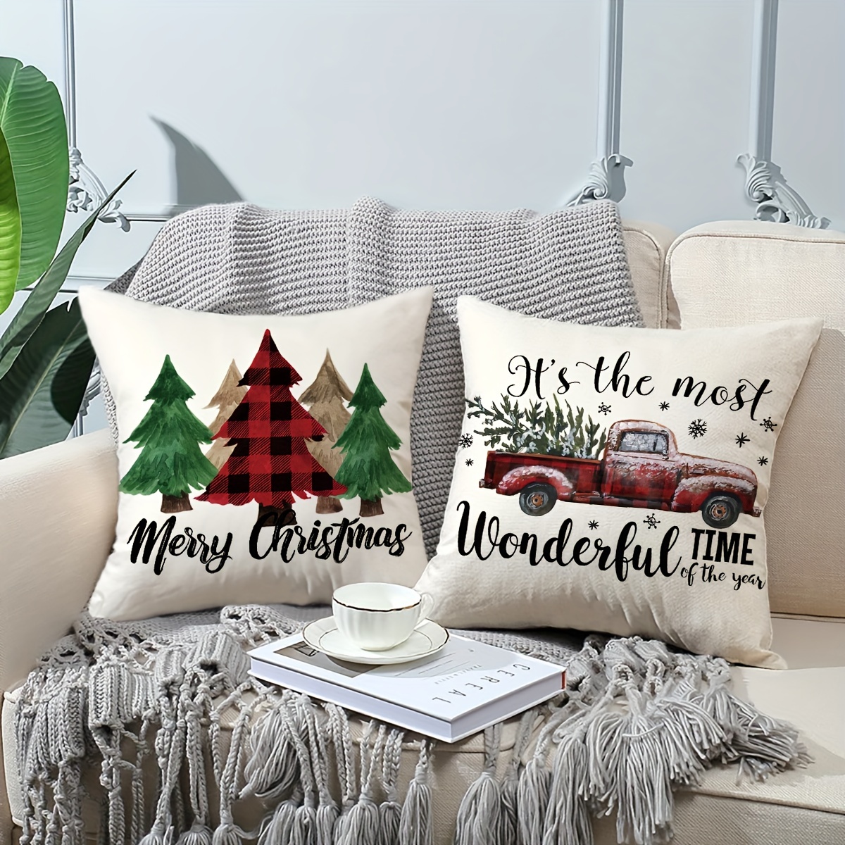 Christmas Pillow Covers - Set of 4 Throw Pillow Covers, 18 x 18 Inches  Pillow Cover, Red Plaid Throw Pillow Covers, Decorative Pillows Sofa for Couch  Christmas Decorations, Red and Black 