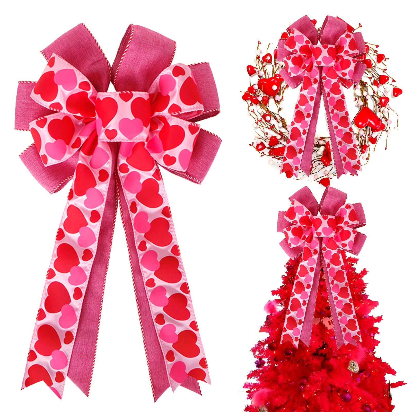 

1pc, Valentine Tree Topper Bow With Heart Decorations, Large Valentines Wreath Bow Decor For Valentine's Day Wedding Holiday Party Wall Home Front Door Decorative