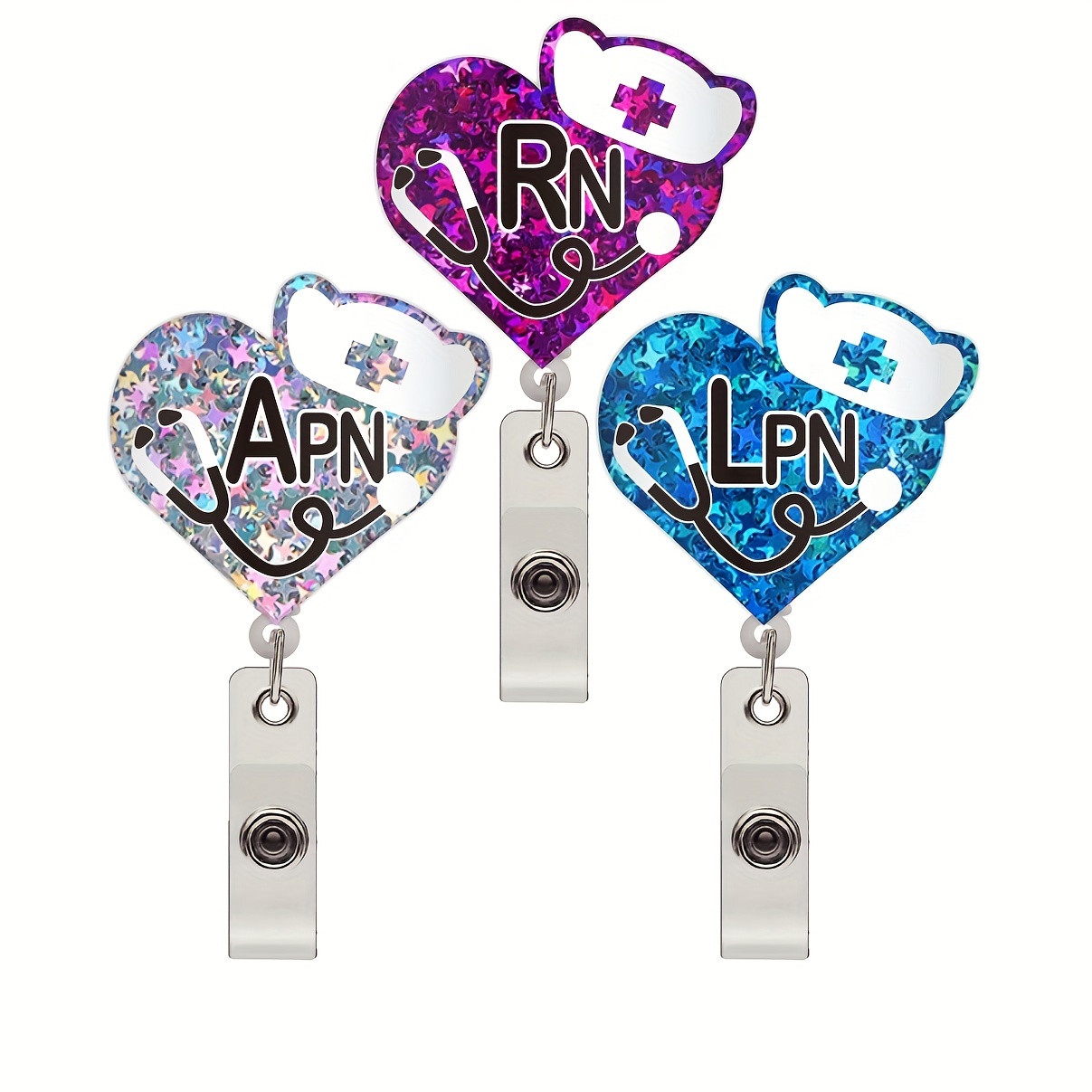 Custom LPN LVN RN Vertical/Horizontal Glitter ID Card Badge Reels Holder  Retractable ID Name Tag Badge Alligator Clip for Nurse Coworkers Employee