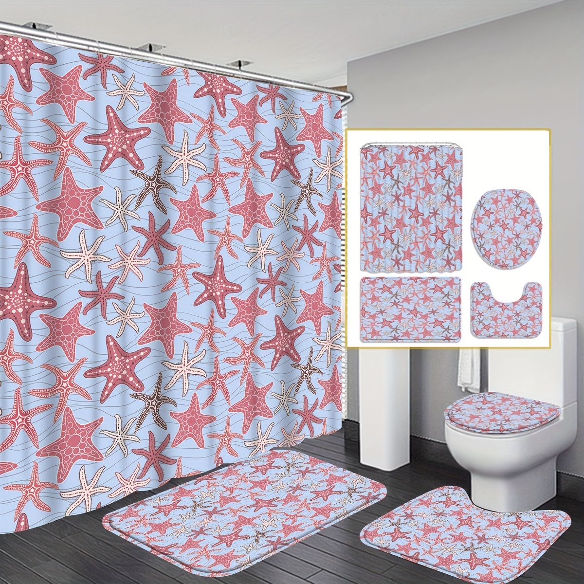 Waterproof Shower Curtain 12 Hooks Pebble Starfish Seashell - Temu