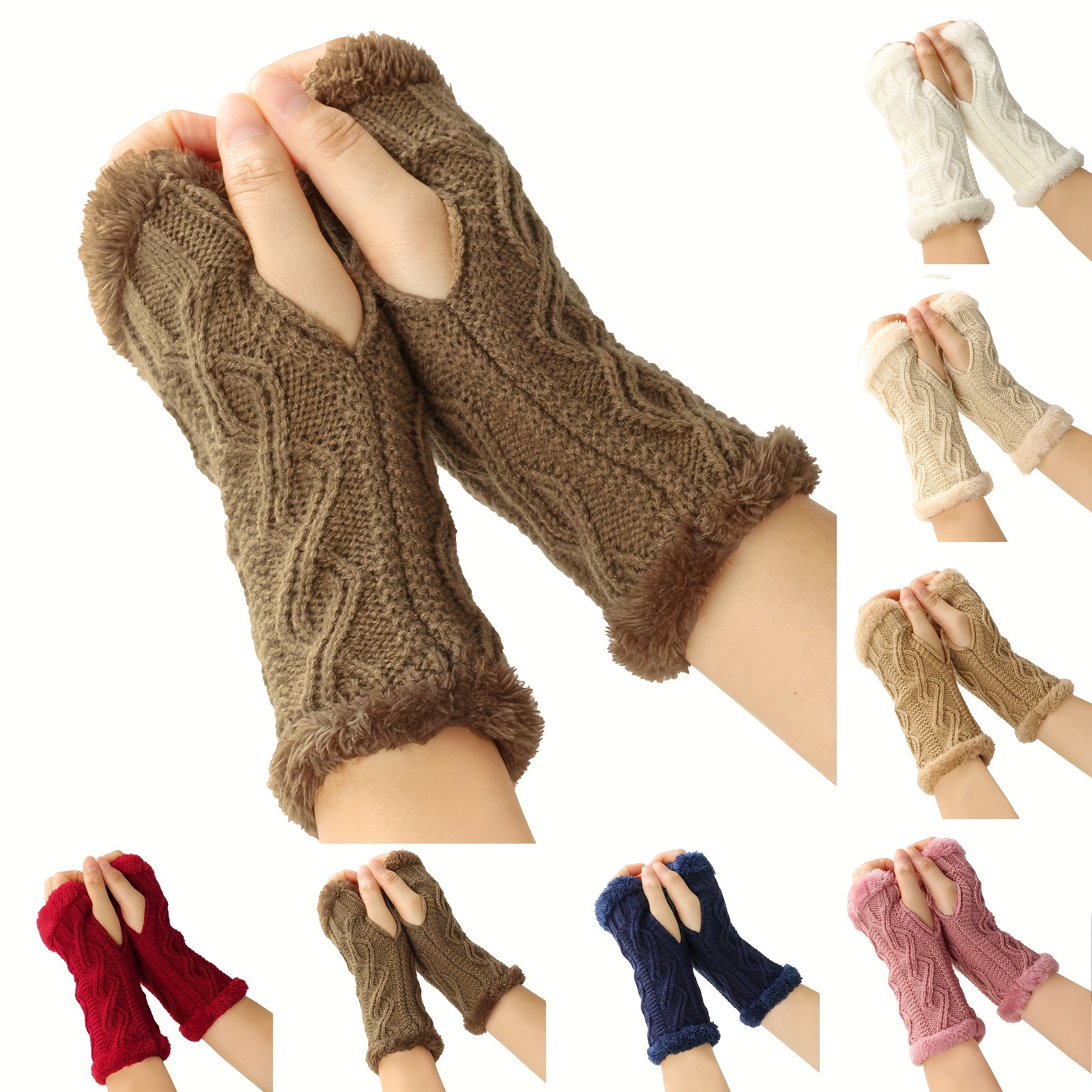 

Solid Color Twist Knit Gloves Short Velvet Lined Warm Fingerless Gloves Winter Thick Warm Wrist Cover