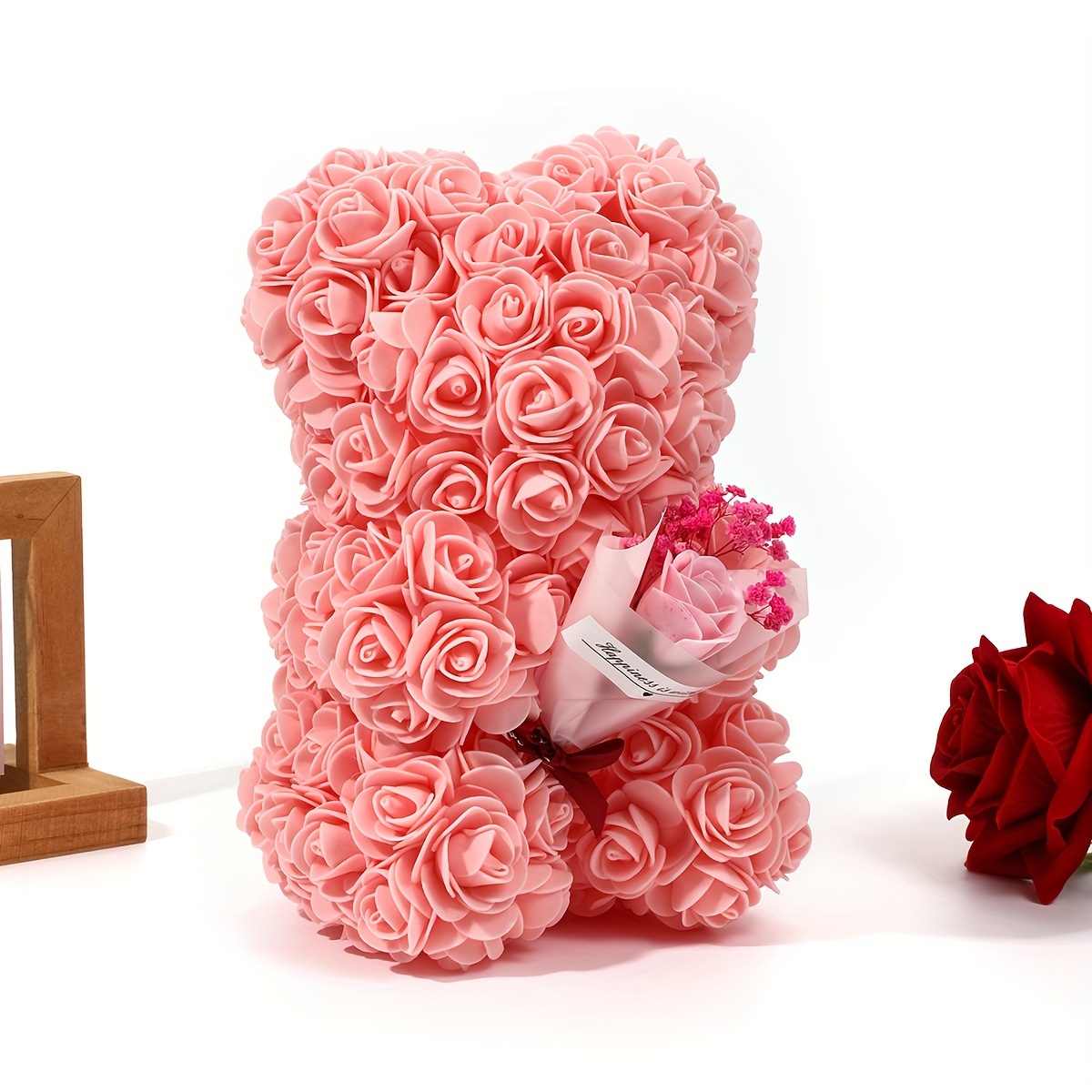 Regalo del Día de San Valentín, rosa roja de 25cm, oso de peluche, flor  rosa, decoración Artificial, regalos de Navidad, regalo de San Valentín  para