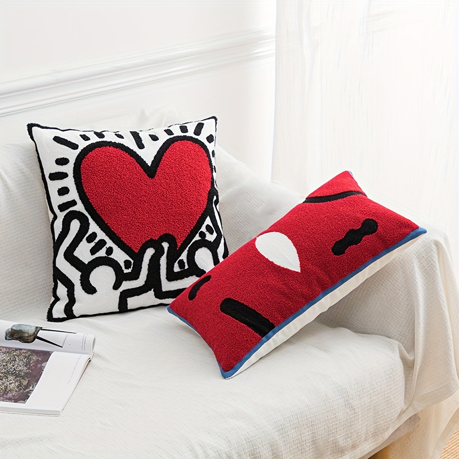 

1pc Living Room Sofa Pillow Cover 45 X 45cm Red Heart Pattern 30 X 50cm Geometric Pattern Cushion, All Cotton Embroidered Homestay Home Pillow, Bedside Backrest Cushion