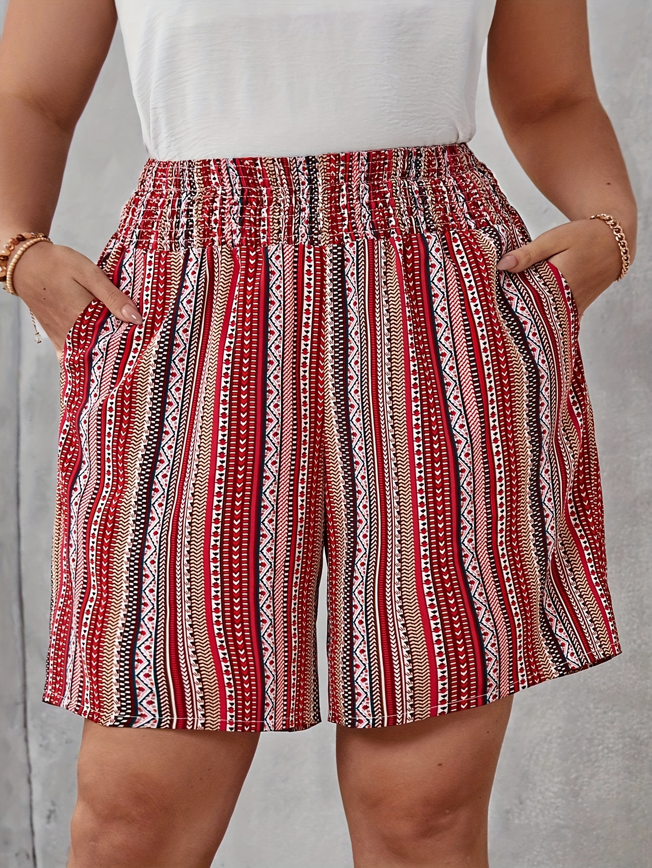 womens boho shorts plus size patchwork print shirred waist high rise non stretch shorts red 3