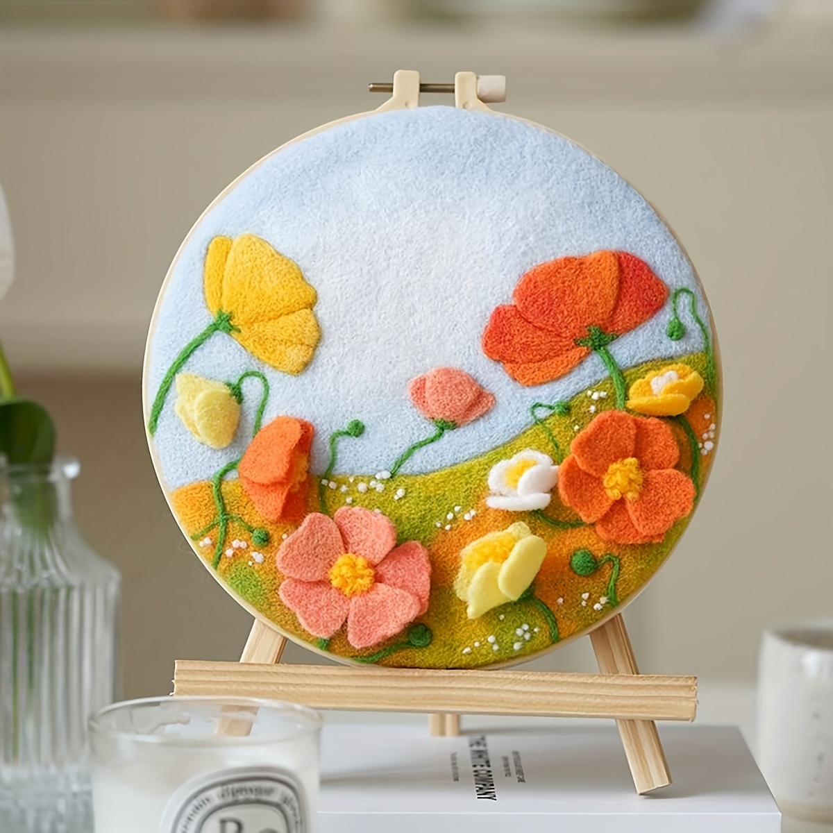 Wool Felting Painting Kit With Frame Rabbit And Flowers Diy - Temu