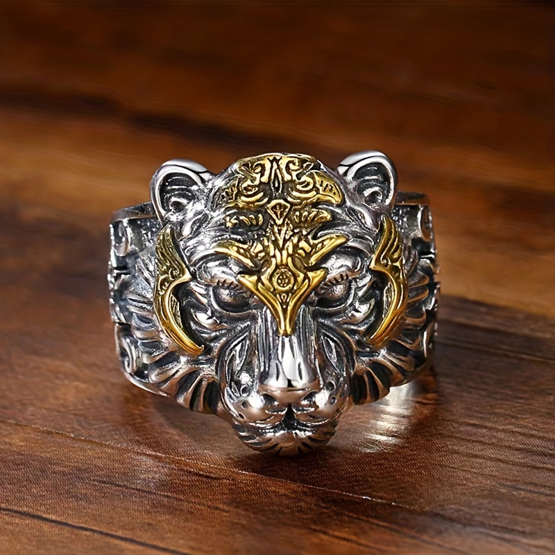 SERBEN Men's Golden Tiger Head Ring Adjustable Ornaments