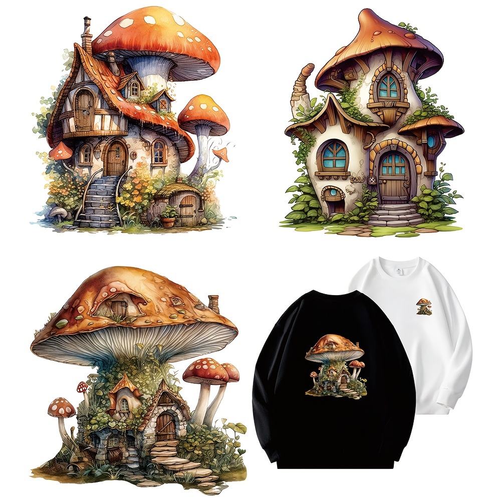 

1pc/2pcs/3pcs Mushroom House Cartoon Water Colored Small Forest House Iron On Stickers For T-shirts, Clothing Hoodie, Bag