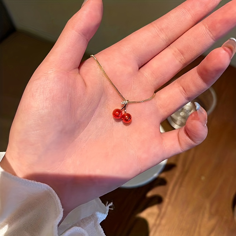 Golden Red Cherries Pendant Necklace, Zirconia Choker
