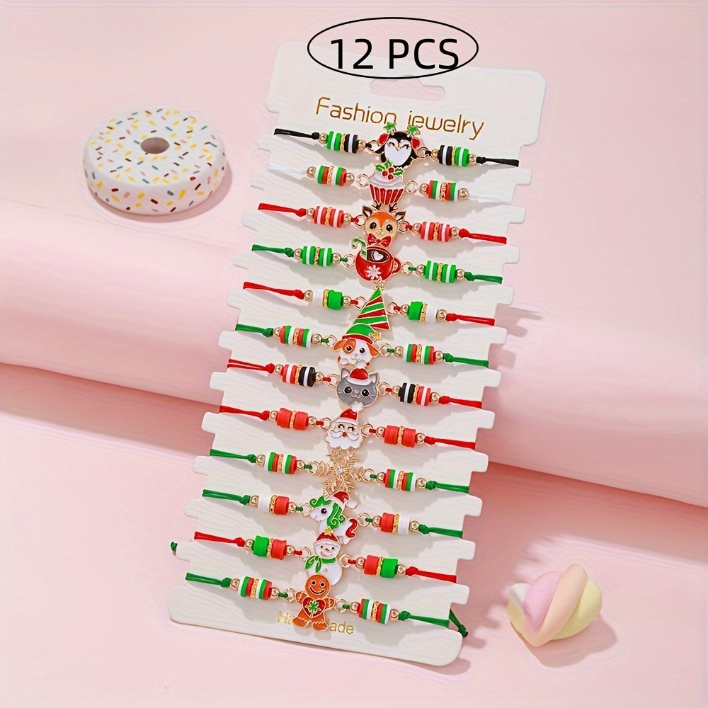 Image of 12pcs Christmas Set Featuring Santa Claus, Snowflakes, Reindeer, Gingerbread Men, Penguins, Christmas Trees, Snowmen, And Adjustable Bracelets Made Of Alloy And Soft Clay, Perfect As Christmas Gifts