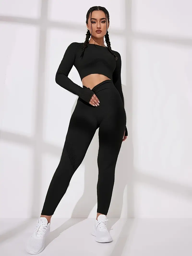 Plain Sporty Set Round Neck Long Sleeves Backless Top High - Temu