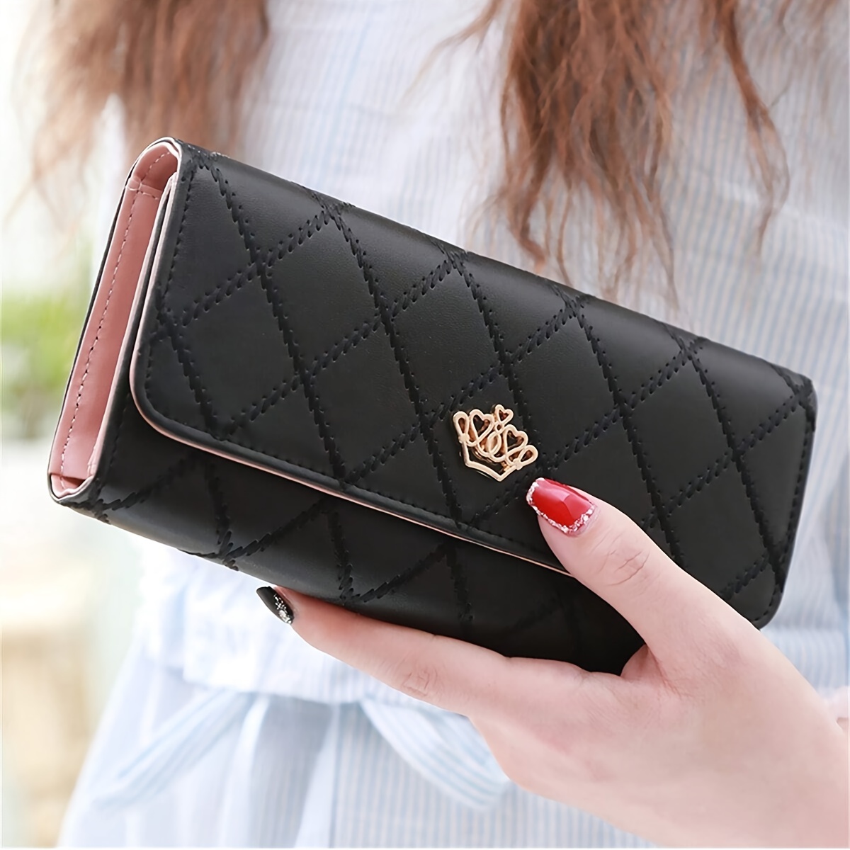 

Fashion Argyle Embroidery Long Wallet, Women's Flap Mobile Phone Bag, Crown Decor Pu Leather Coin Purse Clutch Bag