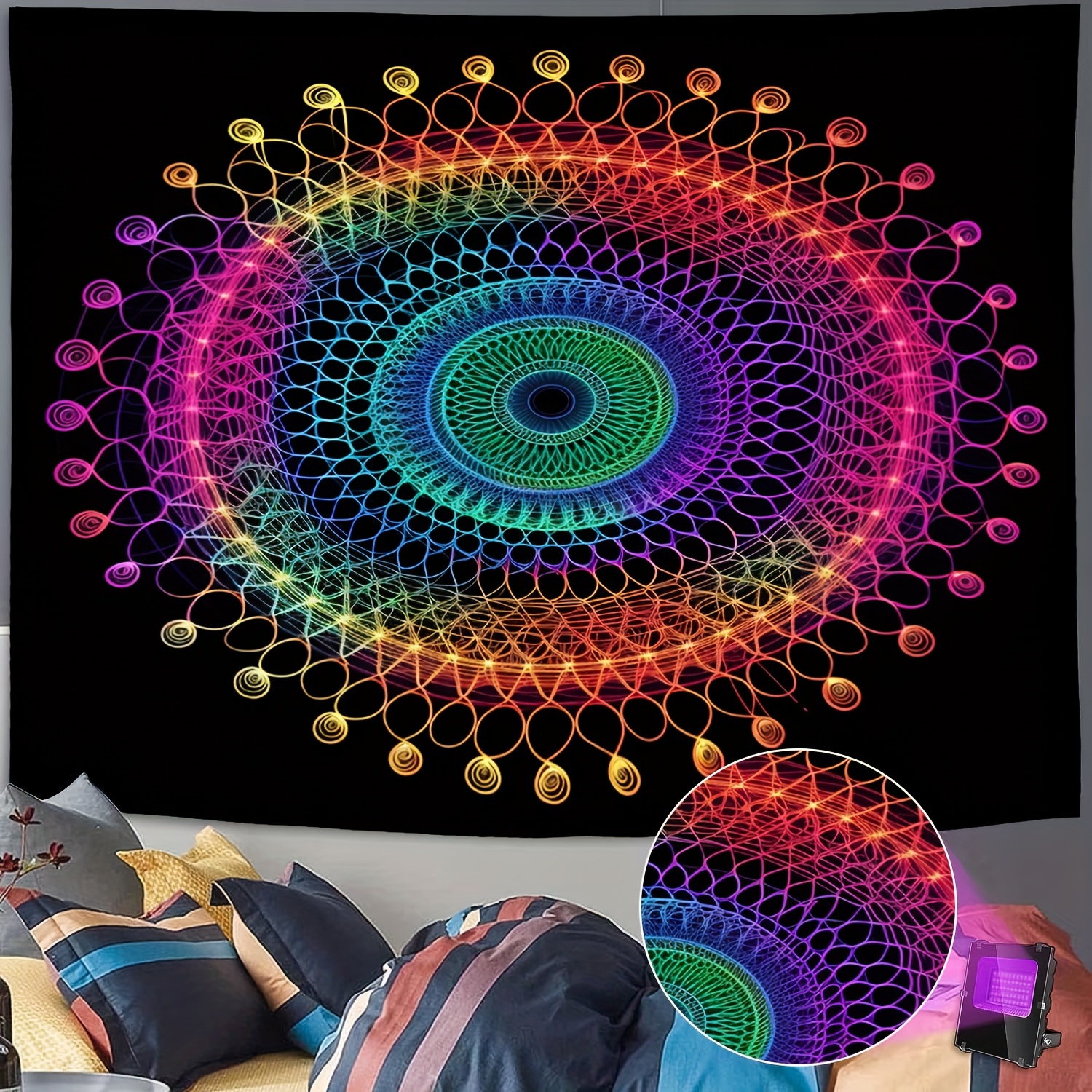 Blacklight Tapestry Boho Mandala Tapestry Uv Reactive Flower - Temu