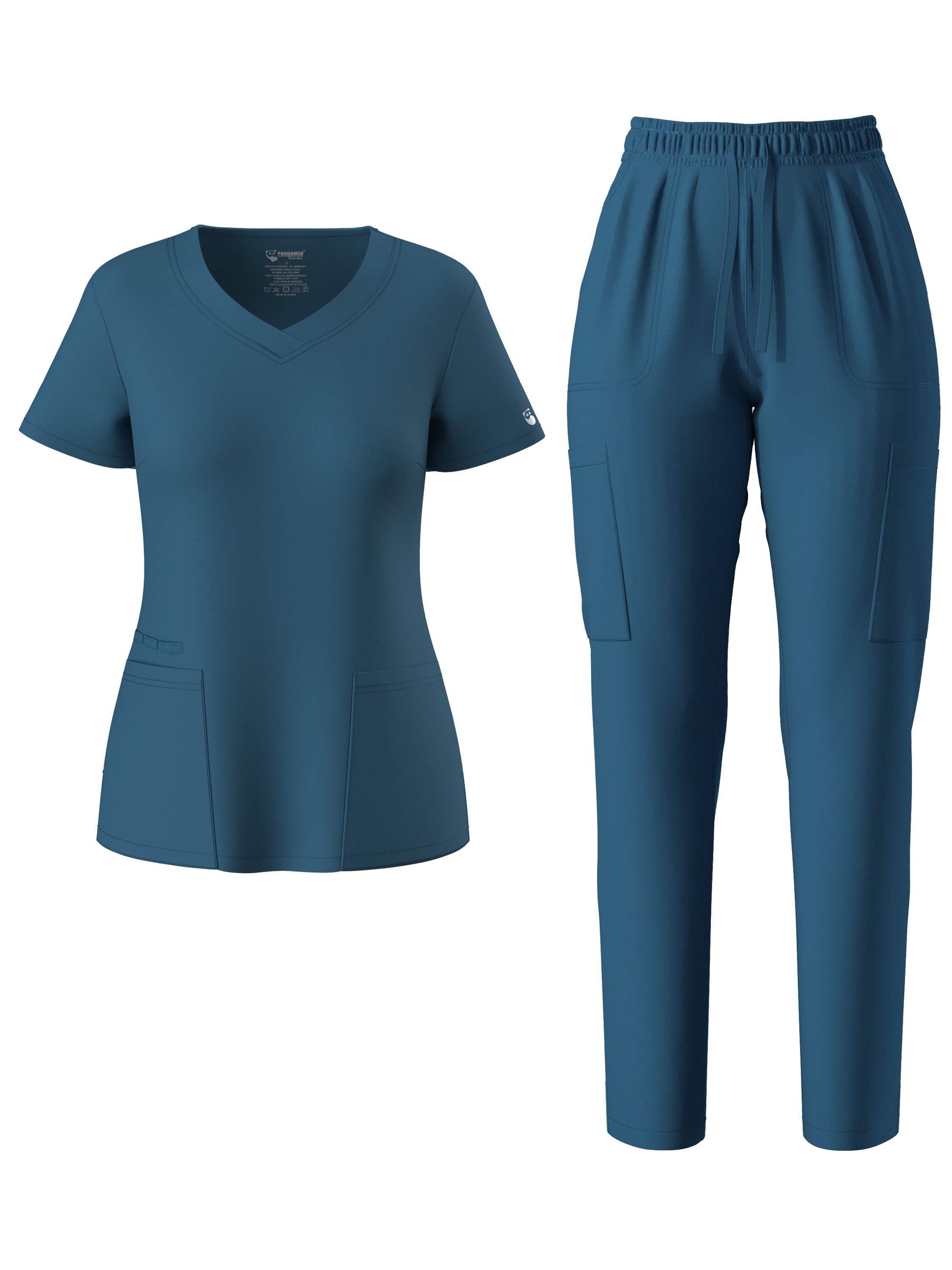 Solid Two-piece Set, Elegant Short Sleeve V Neck Scrub Top & Drawstring  Pants Outfits, Women's Clothing