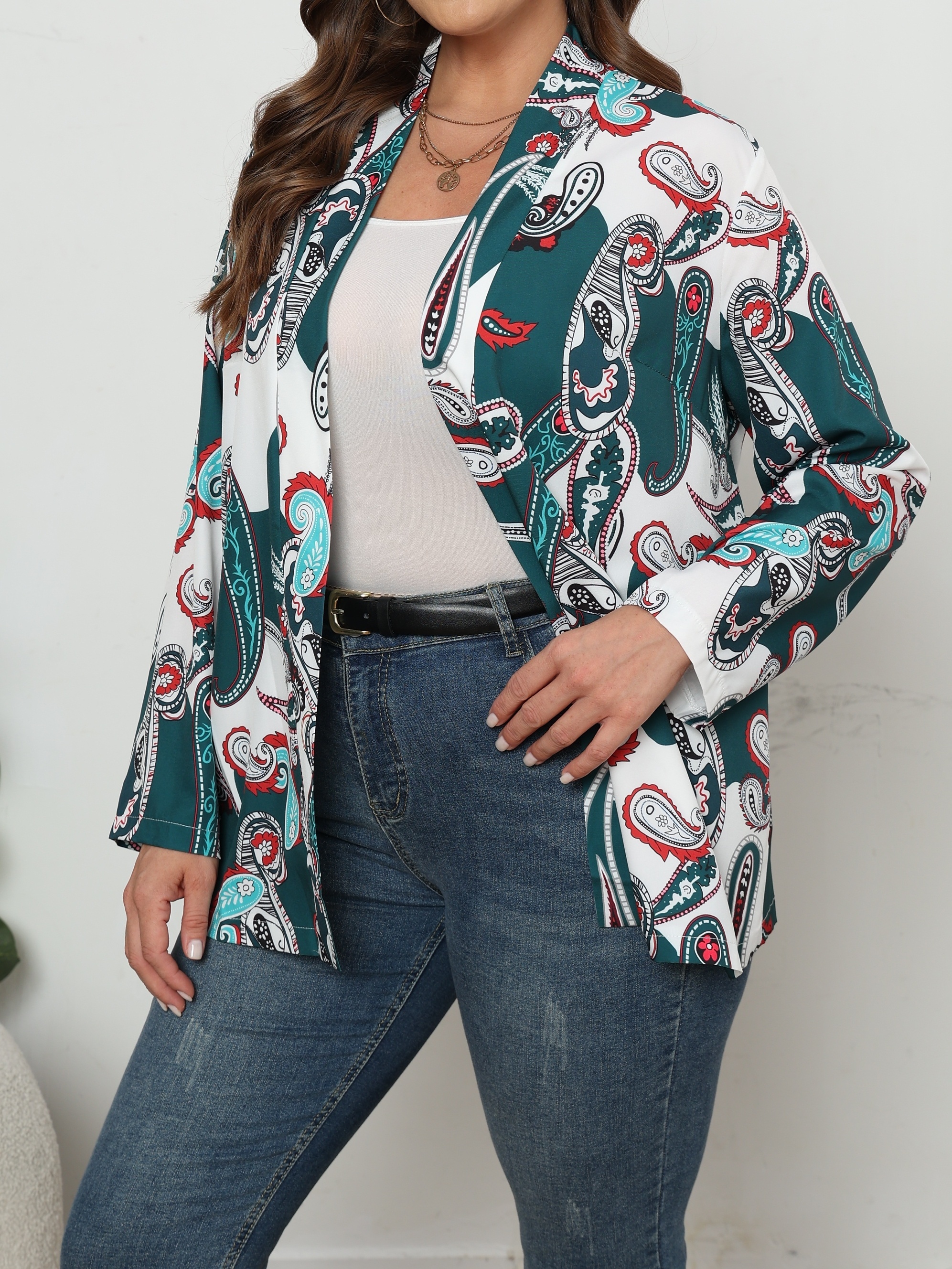 Women's Plus Size Paisley Print Long Sleeve Open Front Loose Fit Blazer