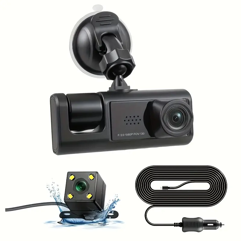 3 Camera Lens Car DVR, 3-Channel Dash Cam HD 1080P Front And Rear Dual Lens  Dashcam Parking Lot Monitoring, Infrared Night Vision Image