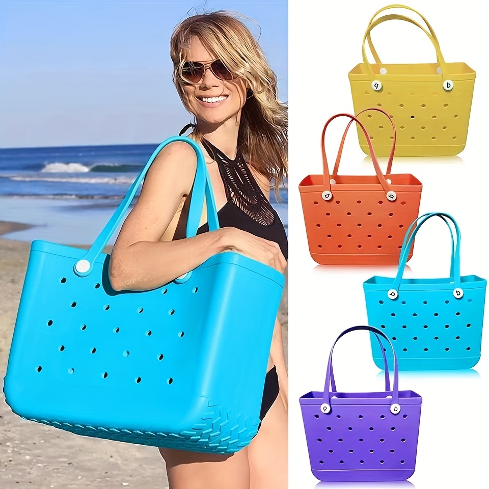 Solid Color Portable Tote Bag, Large Capacity Outdoor Beach Bag, Waterproof  Washable Handbag For Women - Temu Philippines