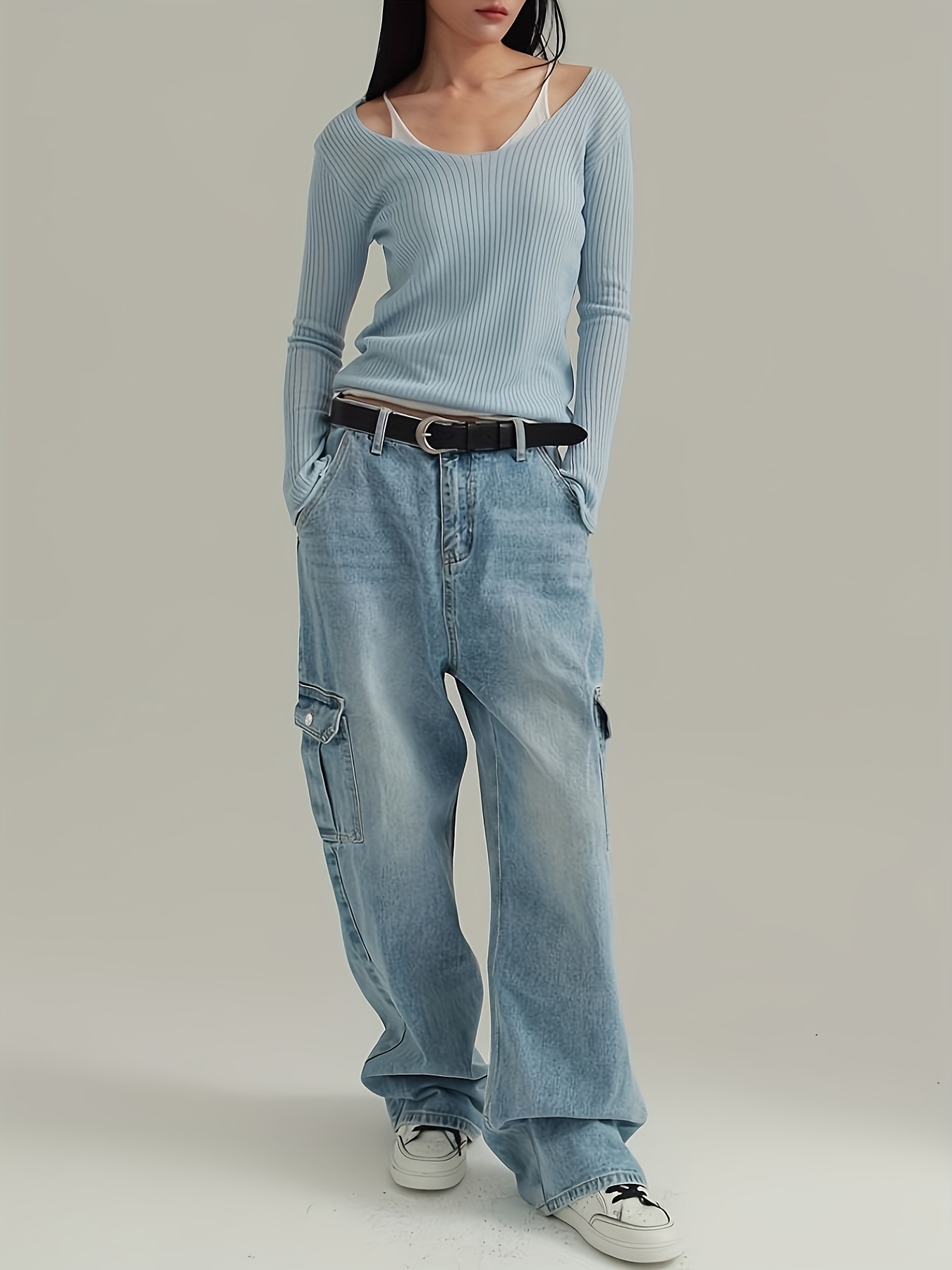 Pantalones Cargo Para Mujer Vaqueros Holgados Largos Moda Vintage Cintura  Alta 