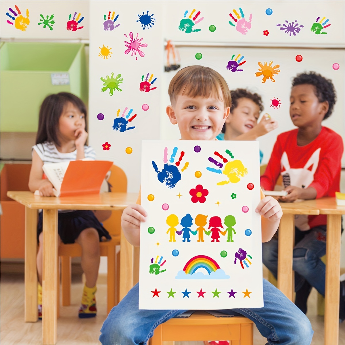 Colorful Hand Print Wall Stickers Splash Rainbow Classroom - Temu