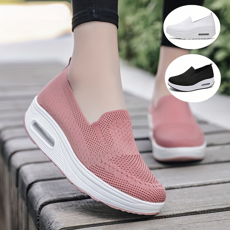 

Femmes Baskets Tricotées Couleur Unie, Semelle Souple Plateforme Slip On Chaussures Décontractées, Chaussures De Marche Respirantes Basses