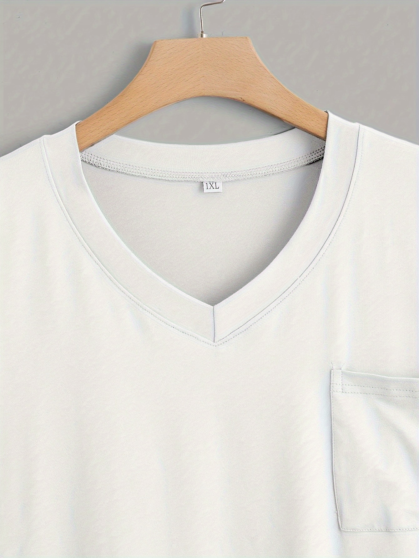 Women's Casual Lounge Top, Plus Size Solid Short Sleeve V Neck Pocket Patched Basic Sleep T-shirt