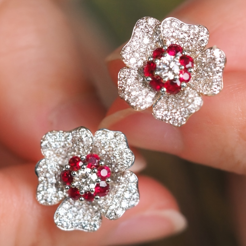 

Pretty Flower Design Stud Earrings Silver Plated Jewelry Embellished With Synthetic Gems Elegant Vintage Style Female Dating Gift