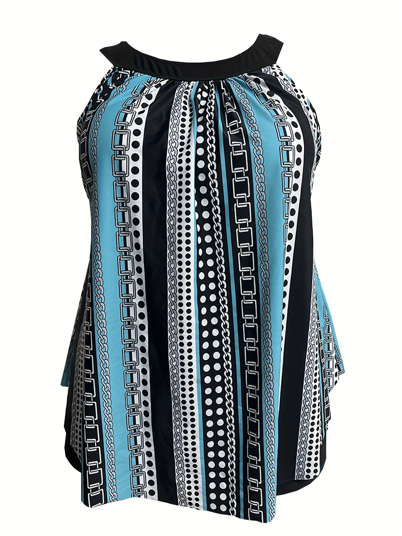 Modest Tankini Set - Women's Chain & Polka Dot Stripe Print Top & S