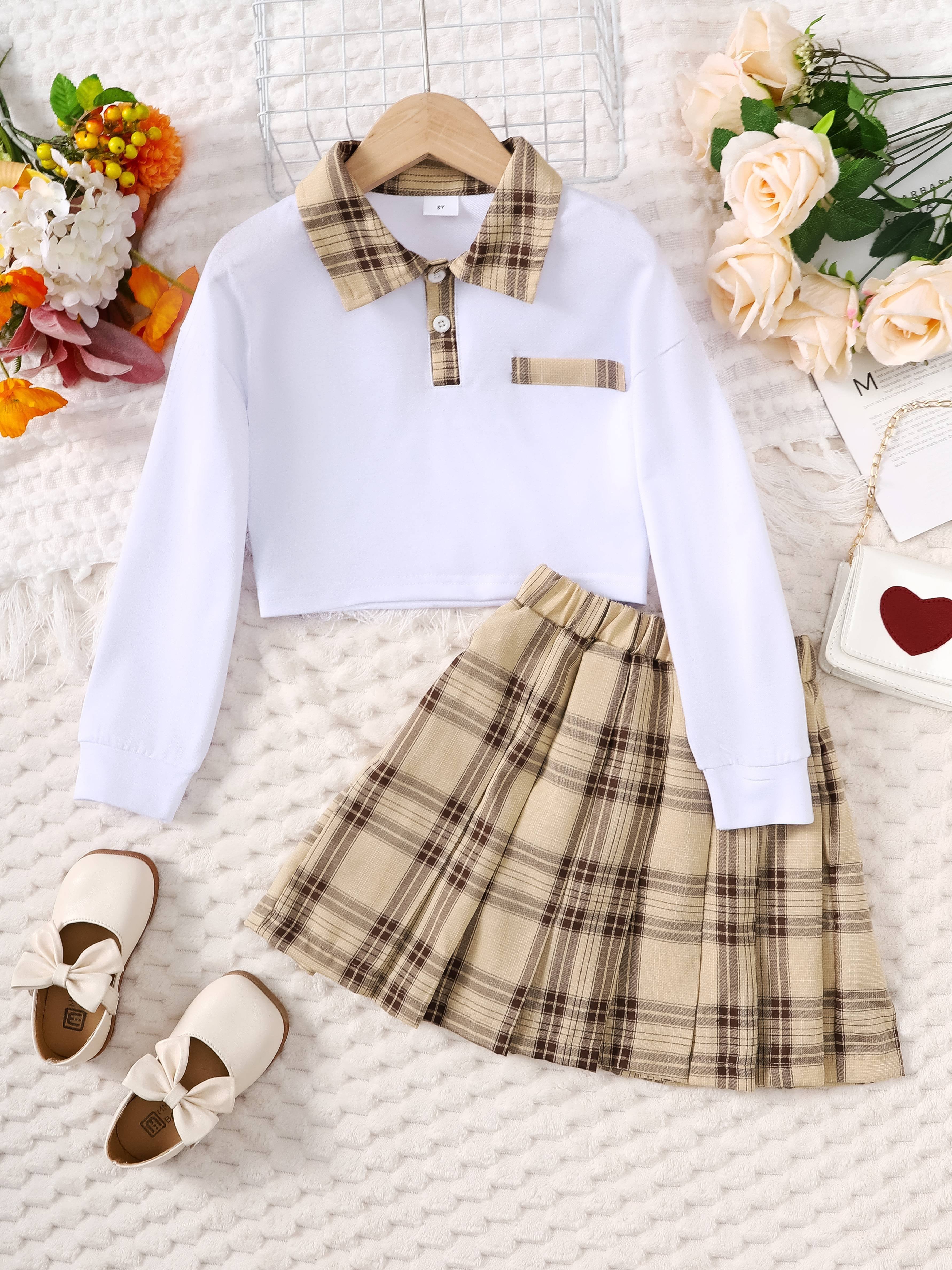 Girl's Preppy Style Outfit Shirt Plaid Pattern Skirt Set - Temu