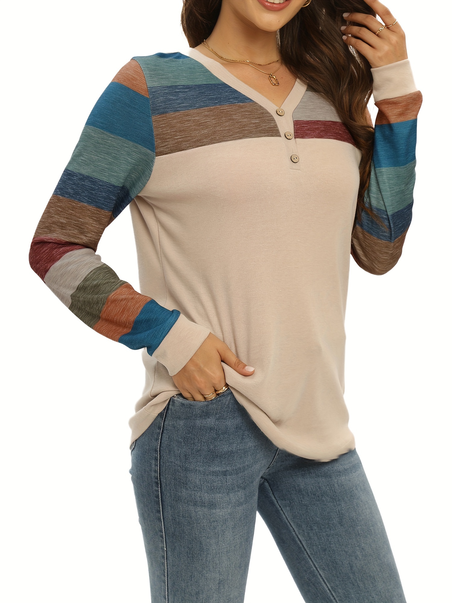 colorblock stripe print v neck t shirt casual button front long sleeve top for spring fall womens clothing apricot 3