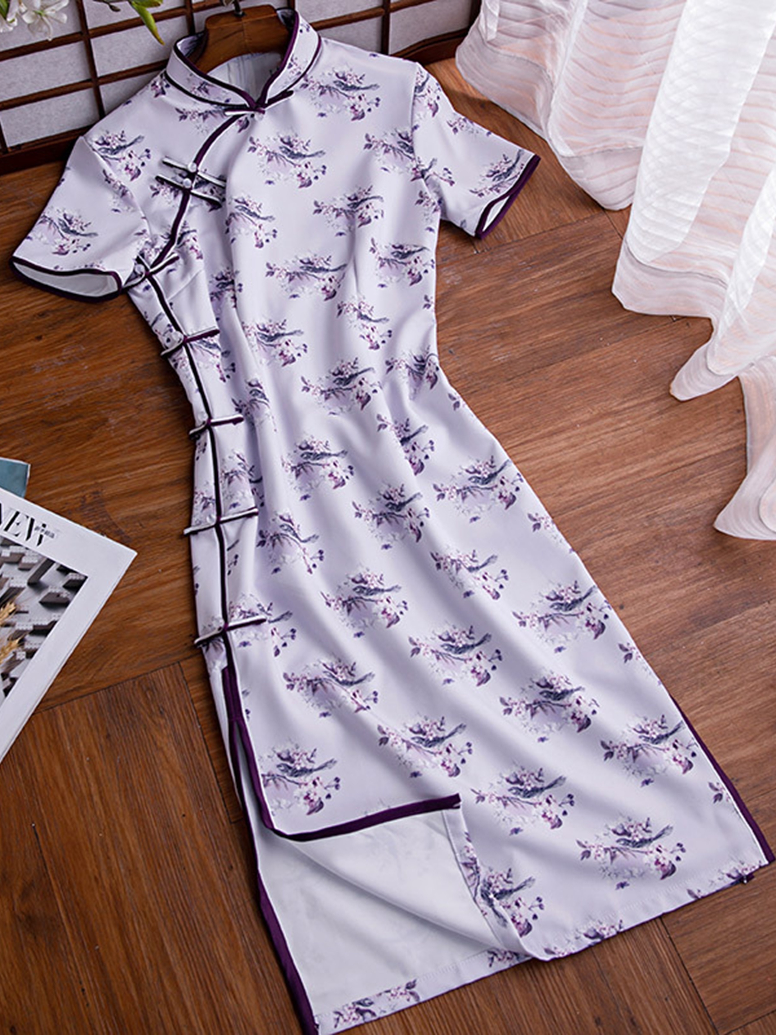 Short Sleeve Cheongsam Dress Random Print Casual Qipao Dress - Temu