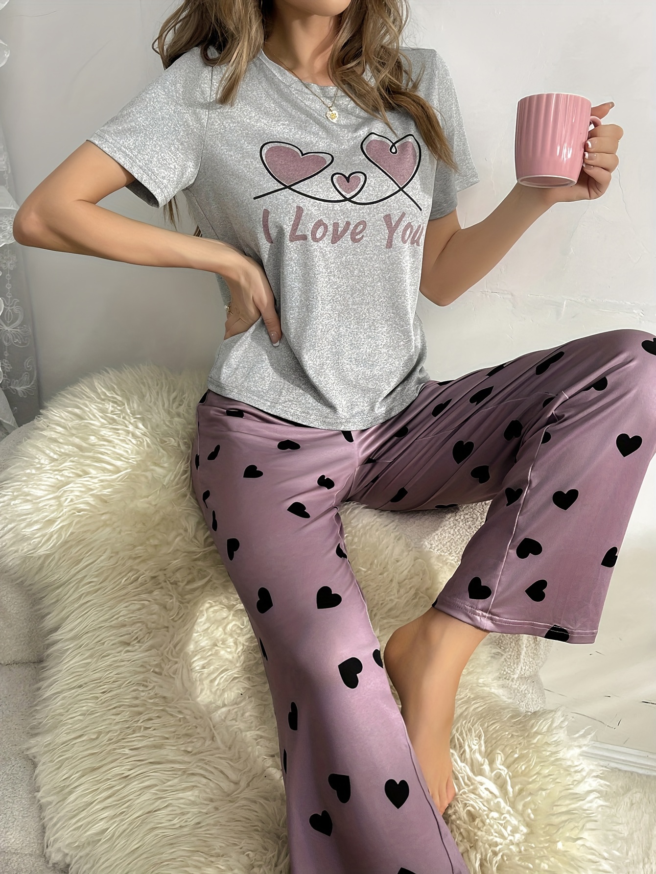 Cozy Pajamas Set Love Hearts Printed Short Sleeve Top - Temu